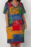Yellow Casual National Totem Print Pocket Contrast V Neck Printed Plus Size Dresses