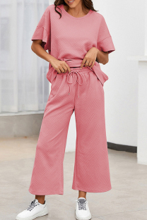 Pink Casual Solid Color Draw String Pocket Patchwork O Neck Half Sleeve Two Pieces