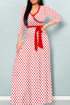 Red White Casual Print Patchwork Strap Design V Neck Long Dresses