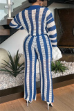 Black Casual Stripe Patchwork Contrast Turndown Collar Long Sleeve Two Pieces