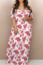 Red Casual Print Patchwork Backless Off Shoulder Long Dresses