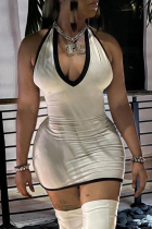 Cream White Sexy Patchwork Backless Contrast Deep V Neck Wrapped Skirt Dresses