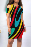 Black Yellow Casual Geometric Print Contrast O Neck Printed Dresses