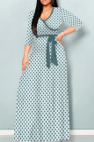 Light Green Casual Print Patchwork Strap Design V Neck Long Dresses