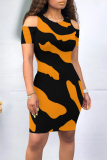 Black Yellow Casual Geometric Print Contrast O Neck Printed Dresses