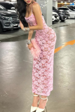 Pink Sexy Lace Patchwork See-Through Backless Spaghetti Strap Sling Dresses