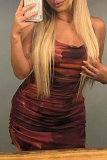 Purple Sexy Print Patchwork Backless Spaghetti Strap Sling Dresses