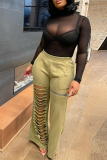 Khaki Casual Solid Color Hollow Out Pocket Patchwork Zipper Loose Mid Waist Wide Leg Patchwork Bottoms