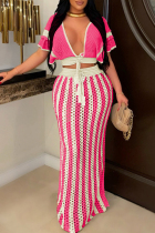 Rose Red Celebrities Hollow Out Patchwork Strap Design V Neck Short Sleeve Two Pieces