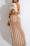 Camel Celebrities Hollow Out Patchwork Strap Design V Neck Short Sleeve Two Pieces