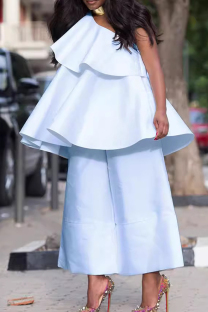 Light Blue Celebrities Solid Color Patchwork Ruffled Trim Oblique Collar Two Pieces