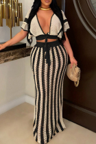 White Celebrities Hollow Out Patchwork Strap Design V Neck Short Sleeve Two Pieces