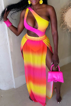 Yellow Sexy Gradient Color Hollow Out Patchwork Backless High Slit Oblique Collar Sleeveless Two Pieces