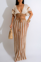 Camel Celebrities Hollow Out Patchwork Strap Design V Neck Short Sleeve Two Pieces
