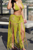 Orange Sexy Solid Color Fringed Trim Patchwork Backless Strap Design Halter Sleeveless Two Pieces