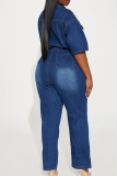 Deep Blue Casual Solid Color Pocket Buckle Patchwork Turndown Collar Regular Jumpsuits