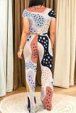 Powder Blue Casual Street Geometric Print Pocket Contrast O Neck Short Sleeve Two Pieces