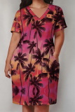 Yellow Casual Vacation Tropical Print Pocket V Neck Printed Plus Size Dresses