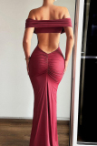 Burgundy Celebrities Solid Color Hollow Out Patchwork Backless Ruched Off Shoulder Long Dresses