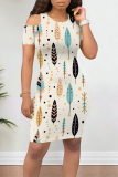 Apricot Casual Leaf Print Contrast O Neck Printed Dresses