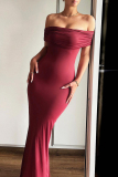 Burgundy Celebrities Solid Color Hollow Out Patchwork Backless Ruched Off Shoulder Long Dresses