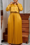 Yellow Casual Solid Color Buckle Patchwork Pleated Turndown Collar Plus Size Two Pieces