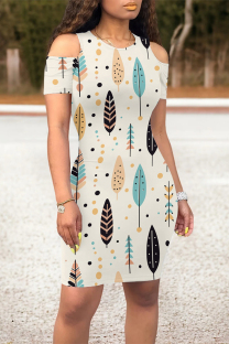 Cream White Casual Leaf Print Contrast O Neck Printed Dresses