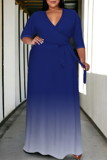 Blue Casual Street Gradient Print Lace Up V Neck Printed Plus Size Dresses