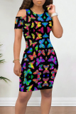 Red Black Casual Butterfly Print Contrast O Neck Printed Dresses