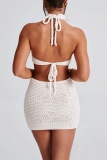 White Sexy Casual Solid Color Backless Belted Halter Sleeveless Two Pieces