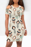 Apricot Casual Leaf Print Contrast O Neck Printed Dresses