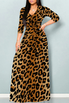 Leopard Print Casual Street Animal Print Lace Up With Belt Contrast V Neck Printed Dresses