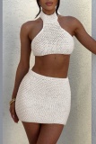White Sexy Casual Solid Color Backless Belted Halter Sleeveless Two Pieces
