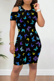 Red Black Casual Butterfly Print Contrast O Neck Printed Dresses