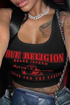 Black Street Print Letter U Neck Tops