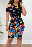 Red Black Casual Butterfly Print Contrast O Neck Printed Dresses