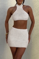 White Sexy Casual Solid Color Backless Belted Halter Sleeveless Two Pieces