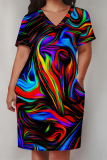 Multi-color Casual Street Rainbow Stripe Print Pocket Contrast V Neck Printed Plus Size Dresses