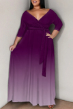 Pink Casual Street Gradient Print Lace Up V Neck Printed Plus Size Dresses