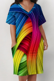 Multi-color Casual Street Rainbow Stripe Print Pocket Contrast V Neck Printed Plus Size Dresses