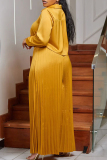Yellow Casual Solid Color Buckle Patchwork Pleated Turndown Collar Plus Size Two Pieces