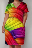 Multi-color Casual Street Rainbow Stripe Print Pocket Contrast V Neck Printed Plus Size Dresses