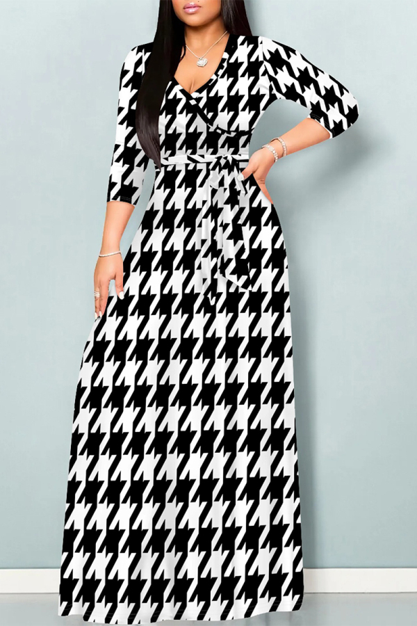 Black And White Casual Street Animal Print Lace Up With Belt Contrast V Neck Printed Dresses