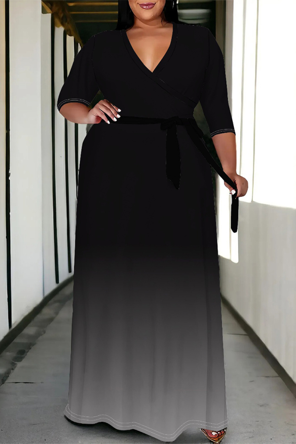 Black Casual Street Gradient Print Lace Up V Neck Printed Plus Size Dresses