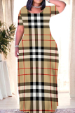 Tibetan Blue Casual Daily Plaid Contrast O Neck Printed Plus Size Dresses