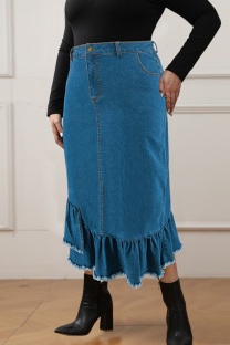 Blue Casual Solid Color Buttons Patchwork Zipper Ruffled Trim Straight Plus Size Jeans