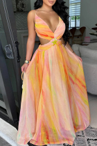 Orange Celebrities Gradient Color Hollow Out Patchwork Backless Spaghetti Strap Long Dresses