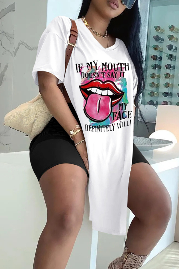 White Casual Print Patchwork High Slit O Neck Half Sleeve Two Pieces