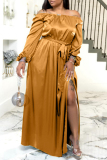 Gold Celebrities Solid Color Patchwork Backless High Slit Ruched Strap Design Off Shoulder Long Plus Size Dresses