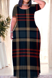 Tibetan Blue Casual Daily Plaid Contrast O Neck Printed Plus Size Dresses